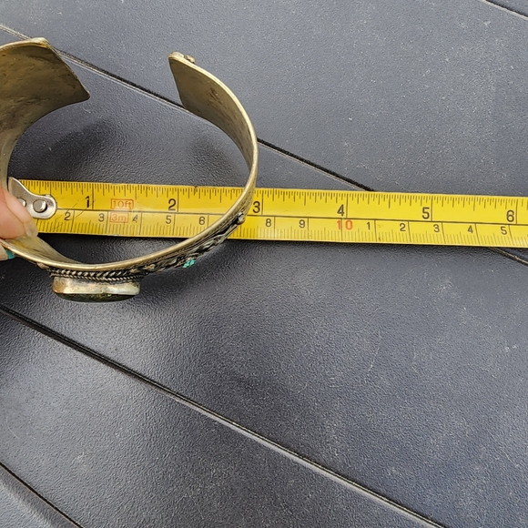 Handmade ornate chunky cuff bracelet turquoise brass silver one of a kind - Picture 9 of 9